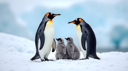 Obraz premium Majestic King Penguin Family on Ice | Parents and Two Chicks Portrait | Antarctic Wildlife Photography