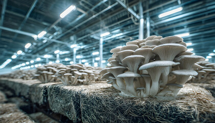 Oyster mushrooms growing on substrate bags in modern indoor farm