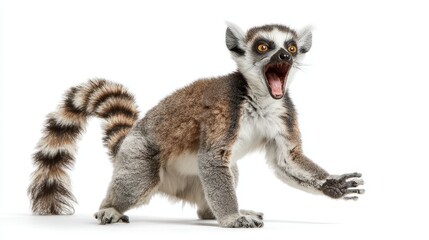 Obraz premium Playful Lemur Showcasing Expressive Gestures on a White Backdrop Ideal for Vibrant Marketing Campaigns, Enhancing Energy and Joy.