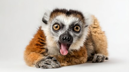 Obraz premium Adorable, Playful Brown White Ringtailed Lemur on a Pristine White Background Perfect for Vibrant Marketing Campaigns or Highimpact Social Media Posts.