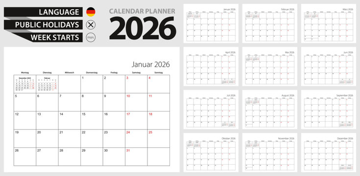 German calendar planner for 2026. German language, week starts from Monday.