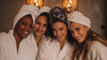 Four friends smile brightly while dressed in soft white robes enjoying a spa day together. They pose happily with towels wrapped around their heads in a serene setting.
