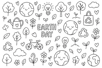 Fototapeta premium Earth day eco-friendly doodle with trees, flowers, and recycling symbols. Vector doodle illustration