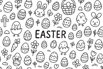 Fototapeta premium Easter doodle pattern with eggs, bunnies, chicks, and flowers for celebrations. Vector doodle illustration