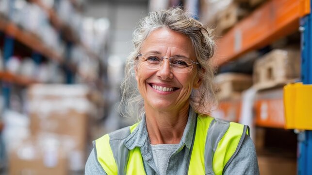 A smiling woman wearing a safety vest stands confidently in a warehouse. Shelves filled with boxes and packages can be seen behind her in the busy environment.