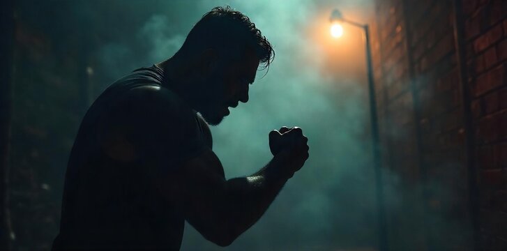 Shadowy Figure, Clenched Fist Powerful Image of Impending Violence and Aggression, Evoking Fear and Threat in a Dark Setting. Ideal for Thriller, Crime, or Action Projects.