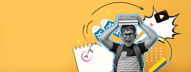 A lively collage features a happy student with glasses holding books over their head.