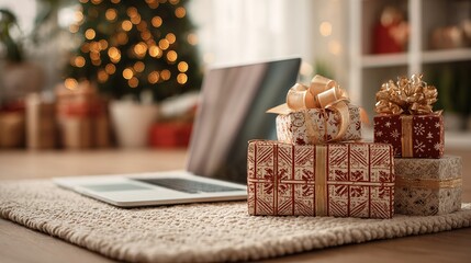 Cozy Christmas morning scene with laptop and beautifully wrapped gifts near a twinkling tree, perfect for holiday online shopping inspiration
