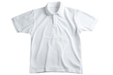 A classic white short sleeve polo shirt laid flat on a solid from a top-down perspective  isolated on transparent background, perfect cutout, PNG