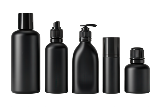 A sleek minimalist collection of five different black cosmetic bottles and containers shown in a row against a dark backdrop  isolated on transparent background, perfect cutout, PNG