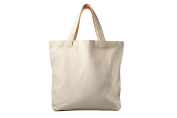 A simple reusable beige tote bag made of canvas or fabric is shown hanging against a solid  isolated on transparent background, perfect cutout, PNG