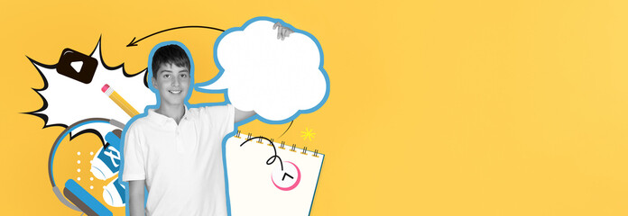 Bright yellow background features a boy smiling and pointing, surrounded by playful elements like a notebook and a pencil, highlighting a collection of creative ideas and activities.