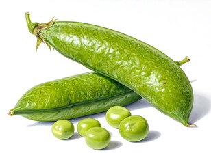 Fresh Green Peas in Pods and Loose on White Background.