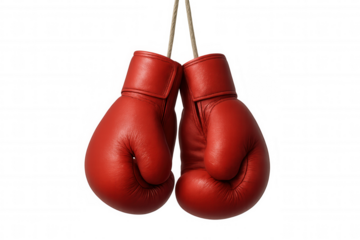 Red boxing gloves hanging on a rope symbolizing fight, competition, training, strength, and sport on a transparent background
