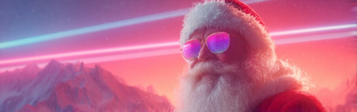 Santa Claus wears colorful sunglasses while standing against a backdrop of bright neon lights on a snowy mountain at dusk - Powered by Adobe