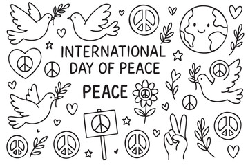 Fototapeta premium International day of peace doodles featuring doves, peace signs, and earth. Vector doodle illustration