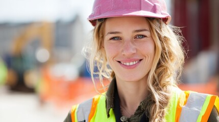 A confident woman stands at a construction site wearing a pink hard hat and bright safety vest. She smiles while surrounded by construction equipment and safety barriers.