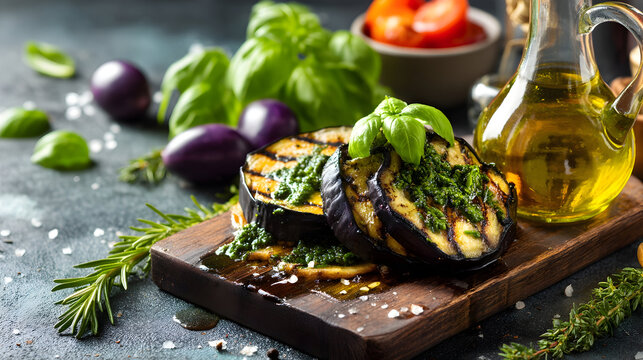 Grilled eggplant slices adorned vibrant green pesto, fresh basil, herbs a rustic wooden board, alongside olive oil, creating a healthy inviting Mediterranean dish.