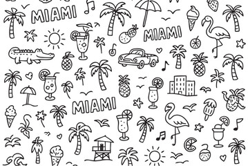 Miami doodle pattern with flamingos, palm trees, and cocktails. Vector doodle illustration