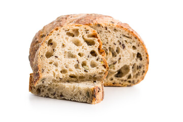 Photo of sliced ​​baked sourdough bread isolated on white background.