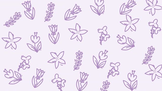 Elegant seamless pattern with doodle-style flowers and lavender sprigs in light purple tones. Great for modern floral prints, wallpaper, and romantic design themes.