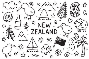 Fototapeta premium New zealand doodles: kiwi, flag, maori mask, nature symbols, animals, and flora. Vector doodle illustration