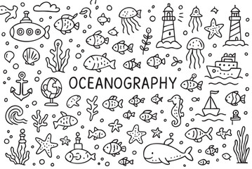 Oceanography doodles: whales, fish, lighthouses, anchors, submarines, starfish. Vector doodle illustration