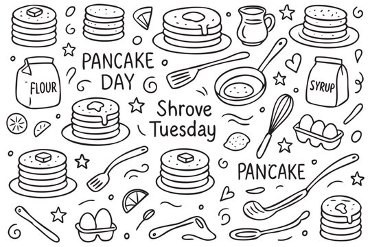 Pancake day doodle with pancakes, syrup, and cooking utensils for shrove tuesday celebration. Vector doodle illustration