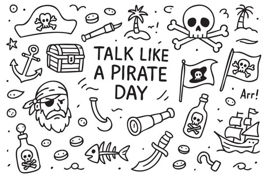 Pirate icons and symbols for talk like a pirate day celebration. Vector doodle illustration - Powered by Adobe