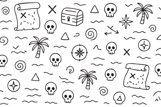 Pirate treasure map pattern with skulls, palms, and maps on white background. Vector doodle illustration