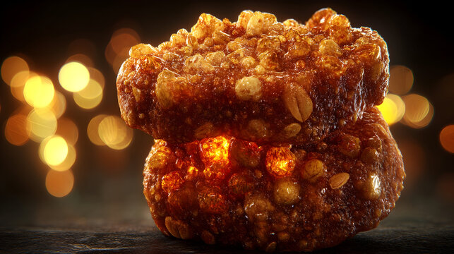 A close-up features two beautifully stacked, golden-brown sweet fritters, their caramelized surfaces glistening glowing against a warm, out-of-focus background.