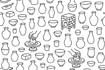 Pottery making pattern with vases, bowls, and pottery wheel illustration. Vector doodle illustration
