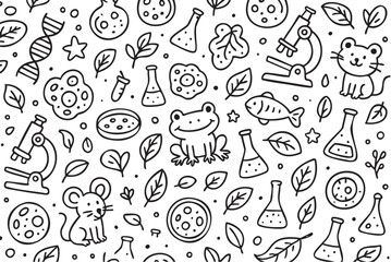 Science-themed pattern with animals, dna, microscope, and leaves in black and white. Vector doodle illustration