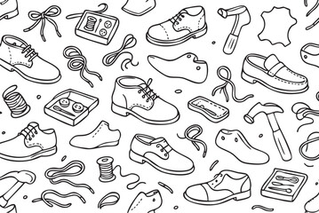 Seamless shoe repair pattern with tools and shoelaces in black and white. Vector doodle illustration