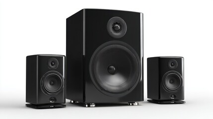 Obraz premium Two compact speakers and a large subwoofer are arranged aesthetically. This audio setup is ideal for home theaters or music listening. Perfect for entertainment enthusiasts.
