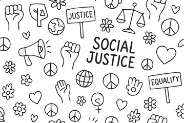 Social justice symbols and icons representing equality and activism on seamless pattern. Vector doodle illustration