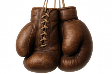 Vintage leather boxing gloves hanging, brown retro sport equipment, old boxing gear, knockout competition concept