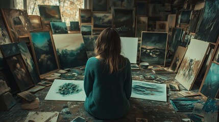 A Contemplative Artist Surrounded by Their Collection of Abstract Artwork in a Cozy Studio, Immersed in Creative Inspiration and Natural Light.