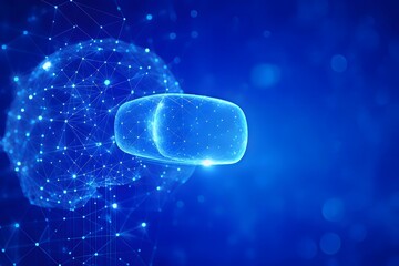 Virtual reality headset connected to digital brain represented by connected dots symbolizes immersive experience in blue futuristic technology landscape.