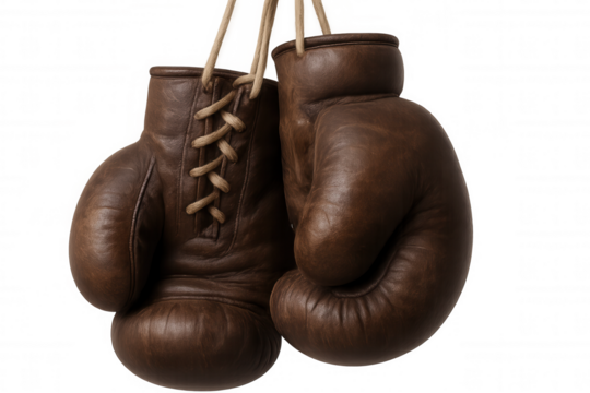 Vintage boxing gloves hanging, old brown leather fight equipment representing sport, competition, and challenge