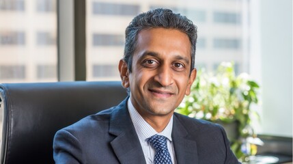A confident man dressed in a business suit sits in a modern office smiling and engaging. The background features large windows and greenery indicating a professional atmosphere.