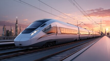 Fototapeta premium A sleek high-speed train glides smoothly over tracks with a colorful sunset illuminating the sky. The city skyline features tall buildings showcasing modern architecture.
