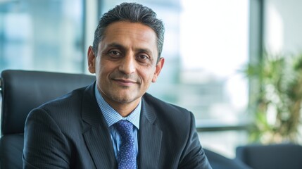 A businessman in a tailored suit sits confidently at his desk in a bright modern office. Large windows provide a view of the city and greenery adds a touch of calm.