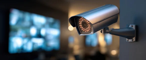 The security camera monitoring a blurred surveillance control room with glowing monitors © Studio Nova