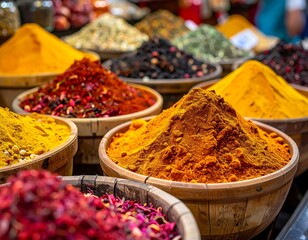 Vibrant Spice Market Display - Aromatic Flavors and Culinary Delights.