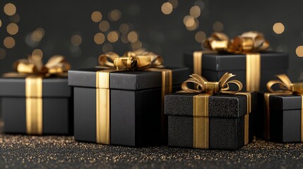 Elegant black gift boxes with shimmering gold ribbons and bokeh lights create a luxurious festive atmosphere perfect for celebrations and special occasions