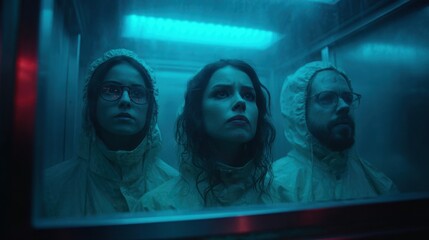 Three people standing closely together inside a bright blue-lit elevator. They wear protective suits and look focused suggesting a tense situation.