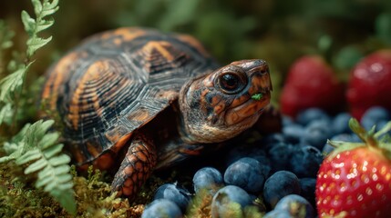 Obraz premium ThreeToed Box Turtle Feeding on Plump Blueberries, Tranquil Woodland Scene Ideal for NatureFocused Projects, Encourages Calm and Serenity.