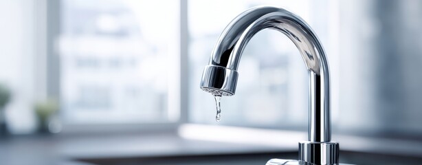 The faucet releasing a single water droplet over a modern kitchen sink