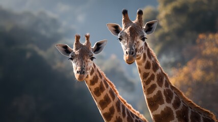 Fototapeta premium Two Majestic Giraffes Standing Side by Side in a Serene Woodland, Perfect for NatureFocused Projects Inspires Tranquility and Awe.